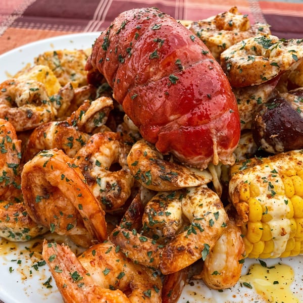 Cajun seafood boil with a lobster tail, shrimp, corn on the cob, and potatoes, garnished with parsley.